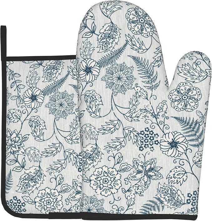 Blue Floral Oven Mitts Set – Vintage Pot Holders Kitchen Gloves