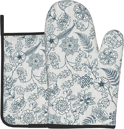 Blue Floral Oven Mitts Set – Vintage Pot Holders Kitchen Gloves
