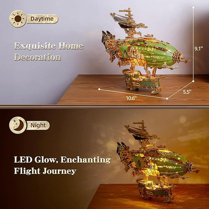 LED 3D Wood Puzzle Fantasy Airship Model - Steampunk DIY Craft Kit with LED Lights – Intricate Wooden Airship Model Building Set for Teens and Adults(Green)
