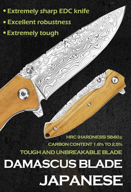 YOUSUNLONG Folding Knife Overall 191mm Pocket Knife - Hammered Damascus Steel Blade - Natural Italian Olive Wood Handle
