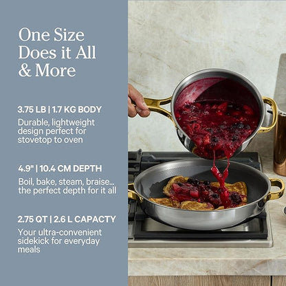 Our Place Titanium Mini Perfect Pot Pro - 2.75 Qt No-Coating Nonstick Pot | Tri-Ply Titanium & Stainless Steel | Oven-Safe up to 750°F & Compatible with All Cooktops | Gold