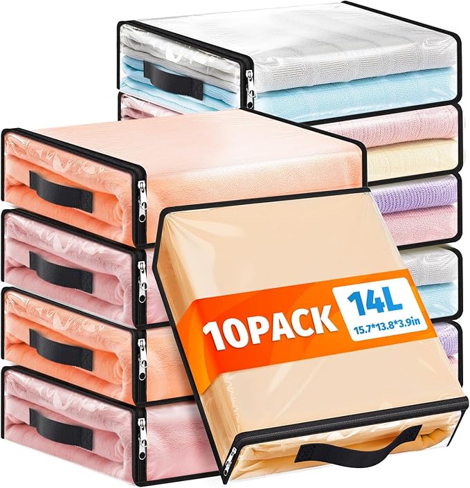 SpaceWhisper 10 Pack Clear Storage Bags, Plastic Blanket Storage Bags with Zipper and Handle, Moving Bags for Comforter, Bedding & Clothes, Closet Organizer and Under Bed Storage (15.7x13.8x3.9 Inch)
