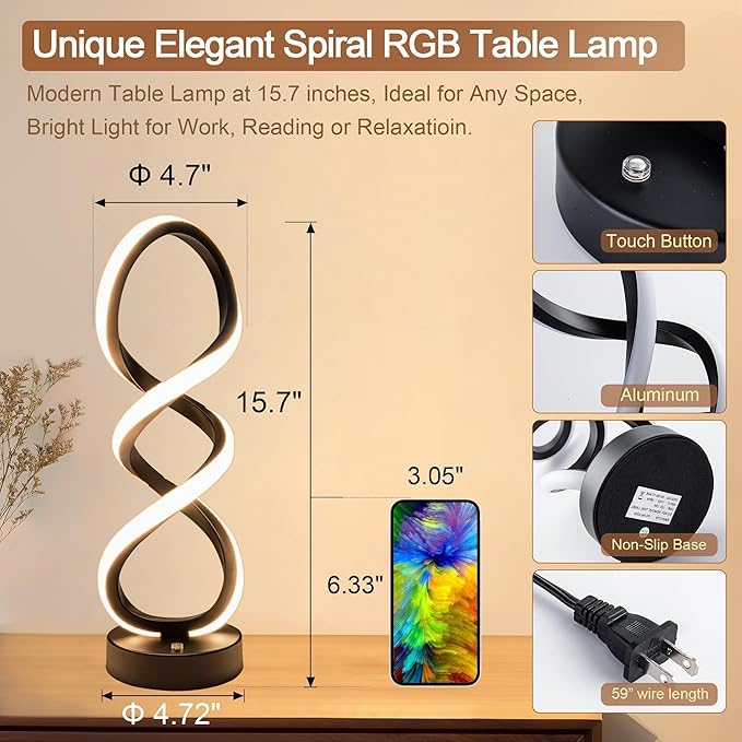 Modern Table Lamp, 7 Colors 10 Light Modes Spiral Design Table Lamp, Touch