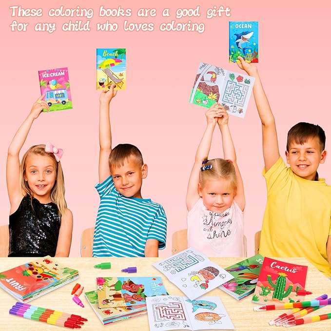 BenLouis 12 Summer Mini Coloring Books Kids with 12 Stacking Crayons Pool Beach Party Favors Small Activity Books Bulk for Kids Summer Birthday Party Gift Goodie Bag Stuffers