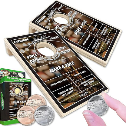 Coinhole Desktop Coin Bouncing Party Game Set | Tabletop Cornhole Board Game | Small Cornhole Travel Game Includes Coins