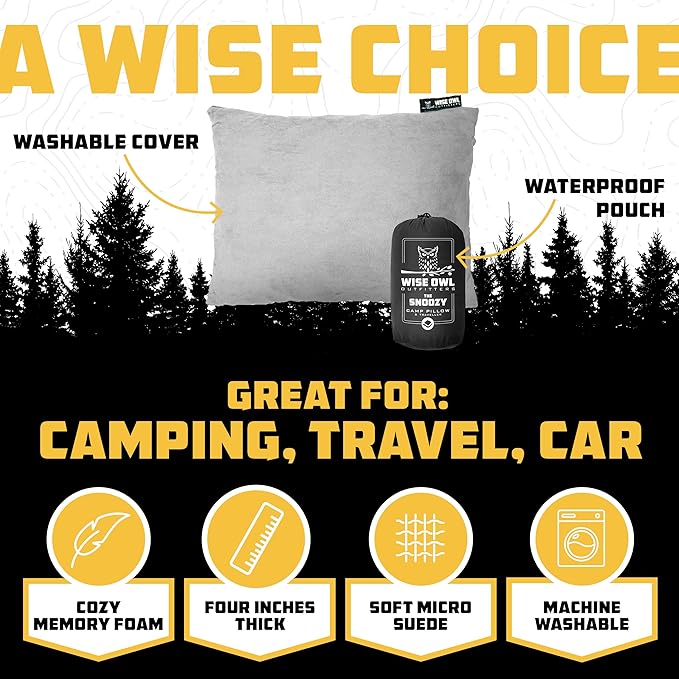 Wise Owl Outfitters Camping Pillow - Camping Essentials and Travel Pillow for Airplanes, Camping, and Travel - Memory Foam Washable Pillow - Small/Medium