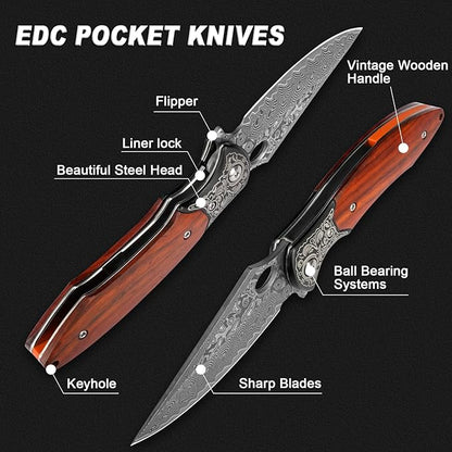 Damascus Pocket Knife, 3.3" Damascus Blade Wooden Handle EDC Pocket Knives & Folding Knives for Men Women
