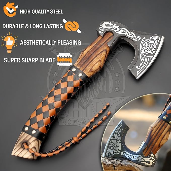 SHINY CRAFTS®- Handmade Viking Axe – Unique Gift for Him Engraved Carbon Steel Hatchet with Leather Sheath for Dad, Husband, Outdoorsman (SCA-03)