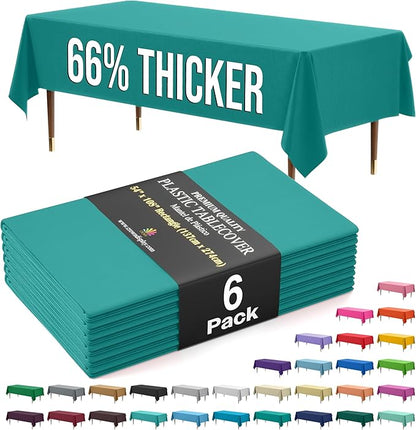 Exquisite 66% Thicker Premium Plastic Table Cloth Rectangle Table Cover 0.5 Mil 6 Pack Teal Table Cloth 54 Inch x 108 Inch Disposable Tablecloth Won't Tear Easily Like Cheap Thin Brands