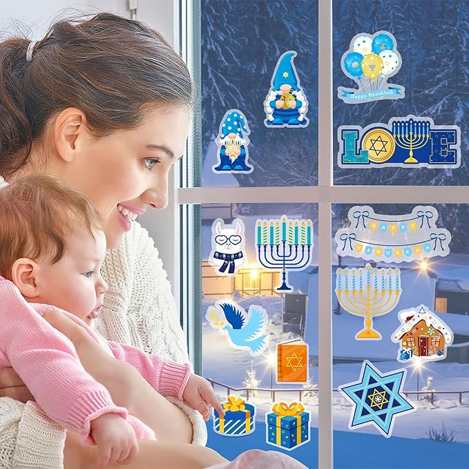 MARFOREVER 50 Pcs Hanukkah Decorations Window Gel Clings, Chanukah Window Stickers Decals Removable Reusable Hanukkah Menorah Dreidel for Adults Kids Classroom Home Chanukah Decor Party Supplies