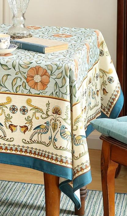 patdrea Designer French Linen Blue Tablecloth for Rectangle Table,Vintage Floral Table Cloth,Colorful Decoration Fall Cover Kitchen Dining for Thanksgiving,Tea Party,Christmas,63"x87"-Wensel