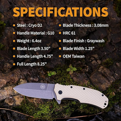 Off-Grid Knives - Rapid Fire Stinger, Assisted Spear Point Blade, Hard Use Build, Tactical, Camping & Survival EDC, Cryo D2 Steel, G10 Scales, Deep Pocket Carry (Coyote)
