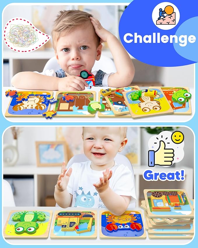 Benresive Wooden Toddler Puzzles, Montessori Toys for 1 2 3 Year Old Boys, Toys for 1 2 3 Year Old Boy Birthday Gifts, 12 Pack Vehicle Toddler Learning Educational Puzzles