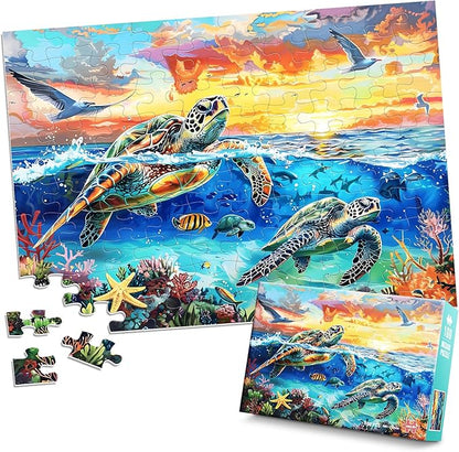 Puzzles for Kids Ages 8-10 - Turtle in Undersea World - 100 Piece Jigsaw Puzzles for Kids Ages 4-6 6-8 8-10 Year Old Children Puzzles for Boys and Girls Educational Learning Toys and Gifts