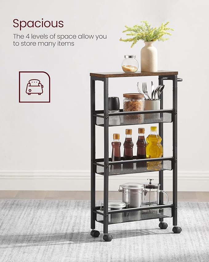 VASAGLE Slim Rolling Cart, 4-Tier Narrow Storage Cart with Handle, 5.1 Inches Deep, Metal Frame, for Kitchen, Dining Room, Living Room, Home Office, Rustic Brown and Classic Black ULRC032B01V1