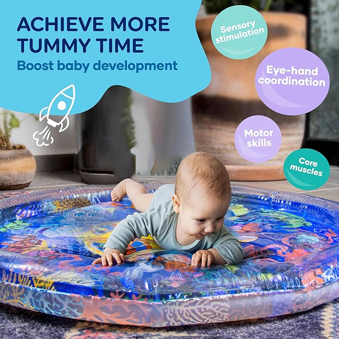 Premium Tummy Time Water Mat, Extra Large Multi-Stage Activity Center Promoting Baby Motor & Sensory Development, Inflatable Playmat Visual Stimulation Gift Infants Toddlers Boys Girls