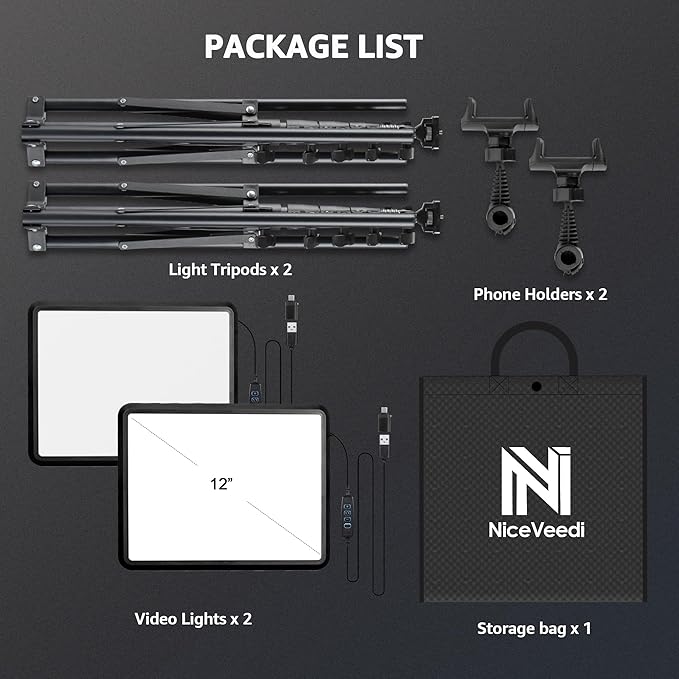 2-Pack LED Video Light Kit, NiceVeedi Studio Light, 2800-6500K Dimmable