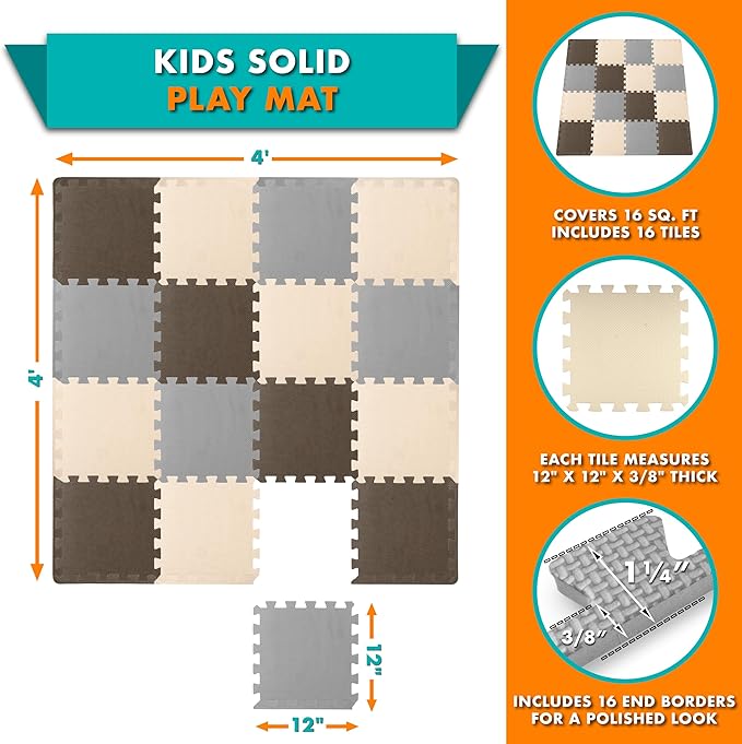 ProSource Foam Puzzle Floor Play Mat for Kids and Babies with Solid Colors, 36 or 16 Interlocking Tiles with Borders, Brown/Beige/Grey