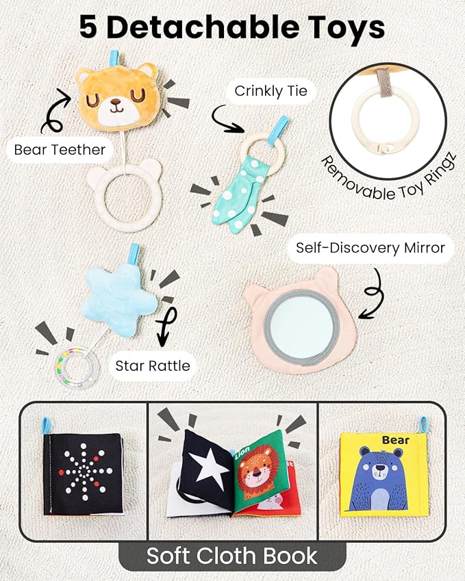 Baby Play Gym, Thickened and Non Slip Activity Mat, 5 Developmental Zones Tummy Time Mat with 5 Detachable Sensory Toys for Motor Skills, Baby Essentials Shower Gift Box(Bear)
