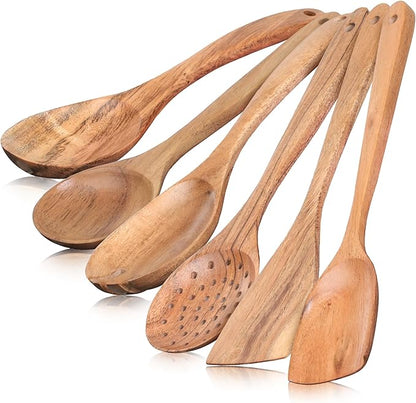 INTAJ Wooden Spoon Set for Cooking & Serving – 6-Piece Eco-Friendly Kitchen Utensils – Handmade Acacia Wood Spoons for Serving, Gifting & Daily Use – Non-Toxic, Sustainable Cookware Essentials