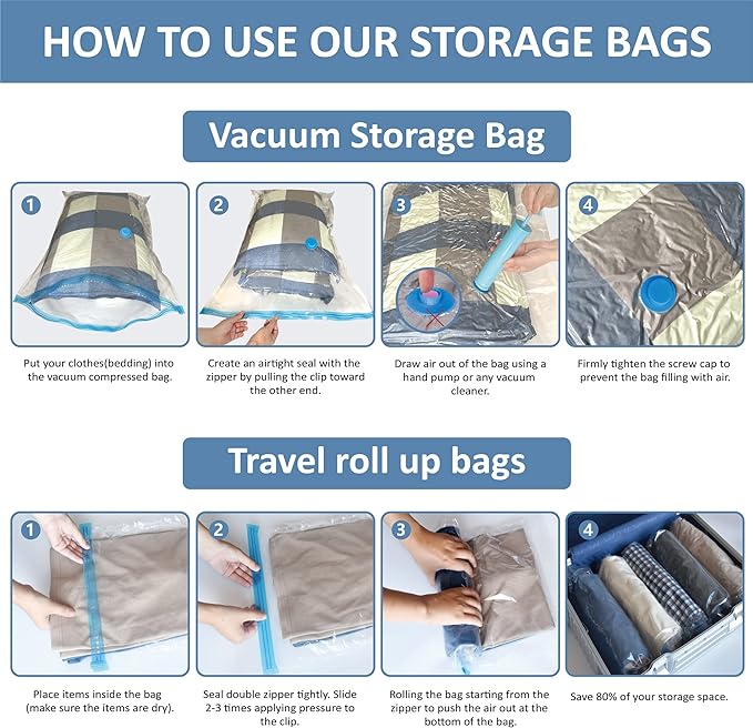 12 Pack Vacuum Storage Bags, Space Saver Vacuum Storage Bags, Vacuum Seal Bags for Clothing, Clothes, Comforters and Blankets, Hand Pump Included
