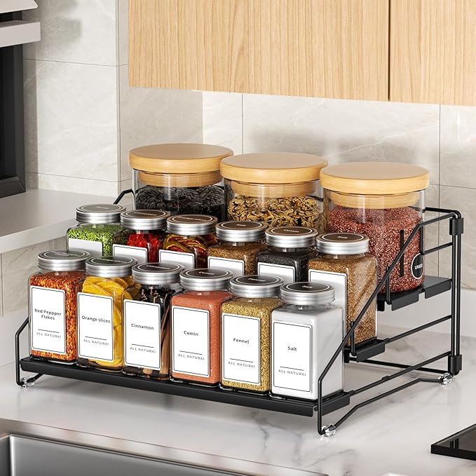 BOIVSHI 4 Tier Spice Rack for Cabinet, Spice Rack Organizer, Depth Adjustable