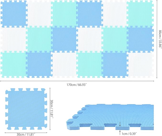 qqpp EVA Rubber 18 Tiles Interlocking Puzzle Foam Floor Mats - Baby Play Mat for Playing | Exercise Mat for Home Workout. White, Blue, Green. QC-AGHb18N