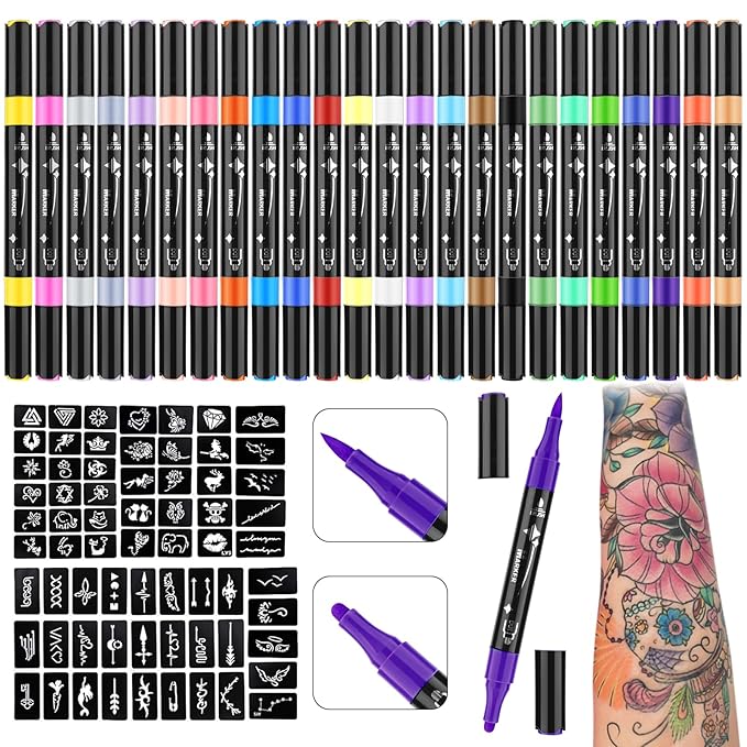 Ponhey Temporary Tattoo Markers for Skin, 24 Body Markers+67 Large Tattoo Stencils,Dual-End Tattoo Pens,Fine Lines with Cosmetic-Grade,Flexible, Skin-Safe Face Paint Kit for Kids Teenage Adults