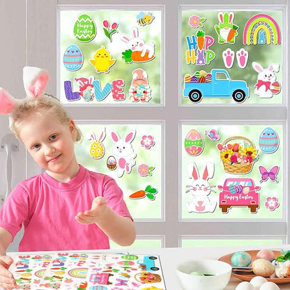 MARFOREVER 50 PCS Easter Window Thick Gel Clings Stickers Rabbit Eggs Window Decals Reusable Gel Clings for Adults Kids Classroom Home Spring Easter Party Supplies Decorations