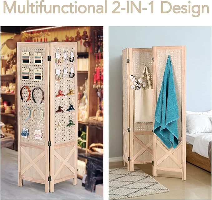 Wnutrees 4 Panel Pegboard Display, 5 Ft Wood Folding Privacy Screens Room