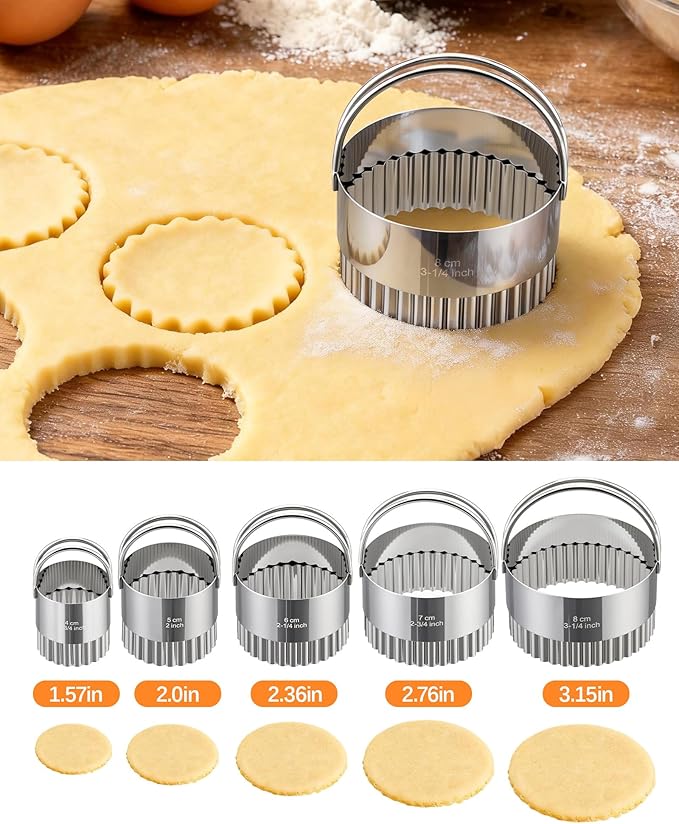 Biscuit Cutter Set with Handle, 5 Piece Stainless Steel Fluted Round Cookie