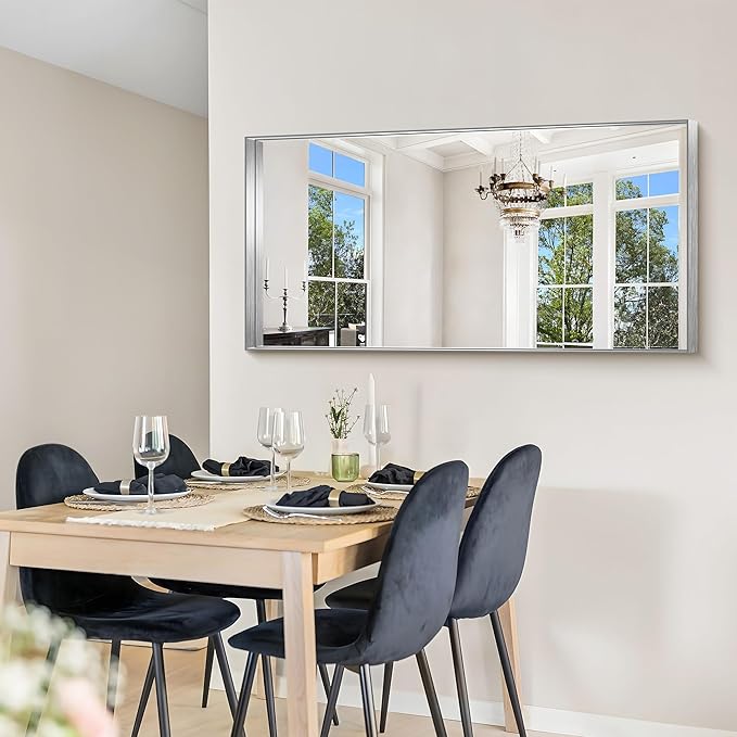 CIRCUMI Silver Bathroom Mirror, Brushed Finish, Tempered Glass, Large Mirror