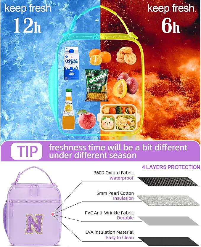 Initial Insulated Lunch Bag for Girls Kids, Back to School Gift, Reusable Leak-proof Lunch Box with Adjustable Strap for School Daycare Travel Picnic (Purple,N)