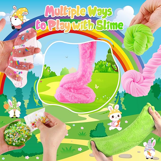 LAWOHO 6 Packs Bunny Pink Slime Kit -Cloud Clear Butter Slimes with Easter Charms & Add-ins, Soft Fluffy Slimes Kits for Girls & Boys, 360ml Pink & Green Easter Slime Making Kit Party Favor for Kids