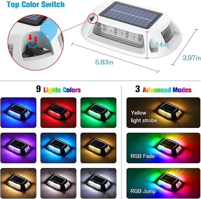 VOLISUN Solar Driveway Lights Dock Deck Lights 12 Pack,9 Colors in 1 Led IP67 Waterproof Outdoor Warning Step Lights for Driveway Sidewalk Pathway RGB