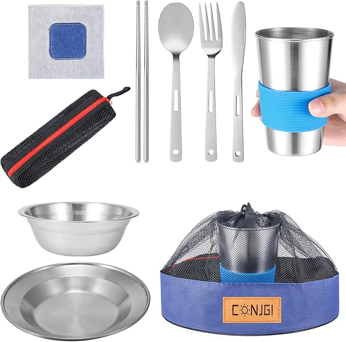 Outdoor Camping Mess Kit - 1 to 2 persons Camping Dishes Includes Cups, Bowls, Dishes, Knives, Forks, Spoons, Etc, Camping Dinnerware Set with Mesh Bag is Easy to Carry Camping Tableware Set