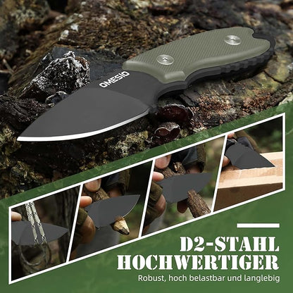 Omesio Neck Knife with Sheath and Necklace, 5.43" Small Fixed Blade Knife, Full Tang with Clip, D2 Steel 2.17-Inch Blade, G10 Handle for Outdoor, Camping, EDC (Black Blade + Green Handle)