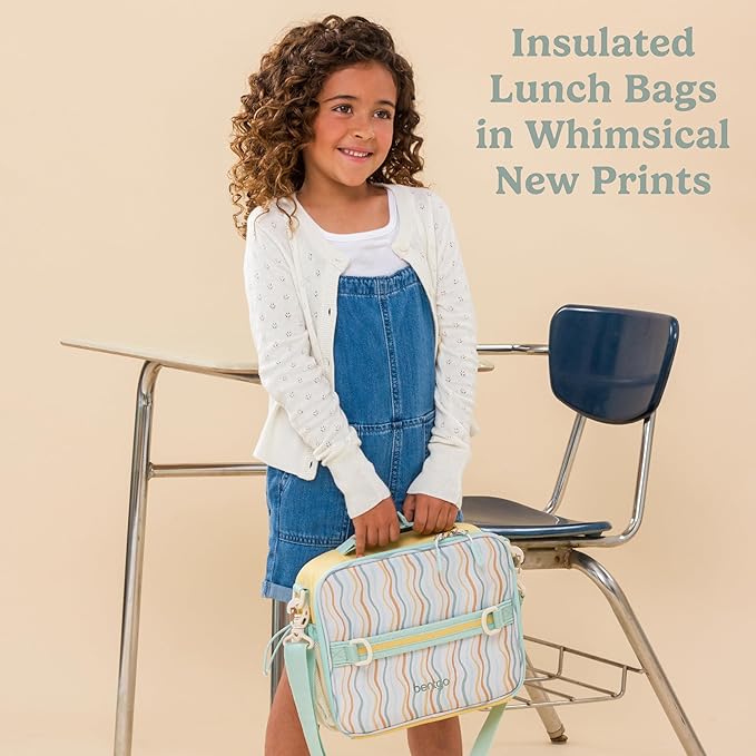 Bentgo Kids Lunch Bag (Whimsy & Wonder Collection) - Durable, Double-Insulated Lunch Bag for Kids 3+; Holds Lunch Box/Water Bottle/Snacks; Water-Resistant Fabric & Zip Pockets (Wavy)