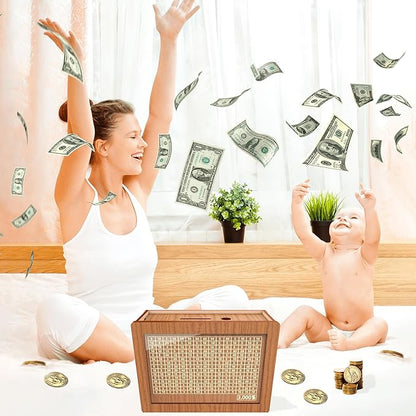 Piggy Bank for Adults Kids, Wooden Coin Bank for Boys and Girls, Cash Vault Money Saving Box with Counter $3000 Savings Challenge Money Box with Money Target and Numbers (Brown, $3000)