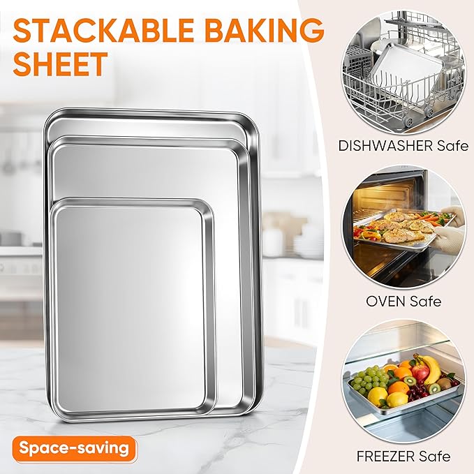 LIANYU Baking Sheet Pans Set of 3, Stainless Steel Cookie Sheets