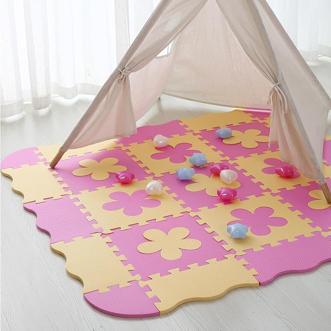 Foam Play Mat for Kids，25Pcs Square Interlocking Puzzle Floor Mat，Baby Play Mat Floor Mat Foam Puzzle Playmat for Toddlers with Fence（Pink Flower-CSH032