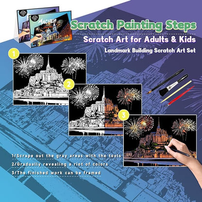 Scratch Art Painting Kit for Adults-8 Sheets A4 Rainbow Scratch Painting Paper Craft Set with City Landmarks|Stress Relief Gift for Travel&Craft Lovers|Scratch Art Home Decor(Europe Series 1)