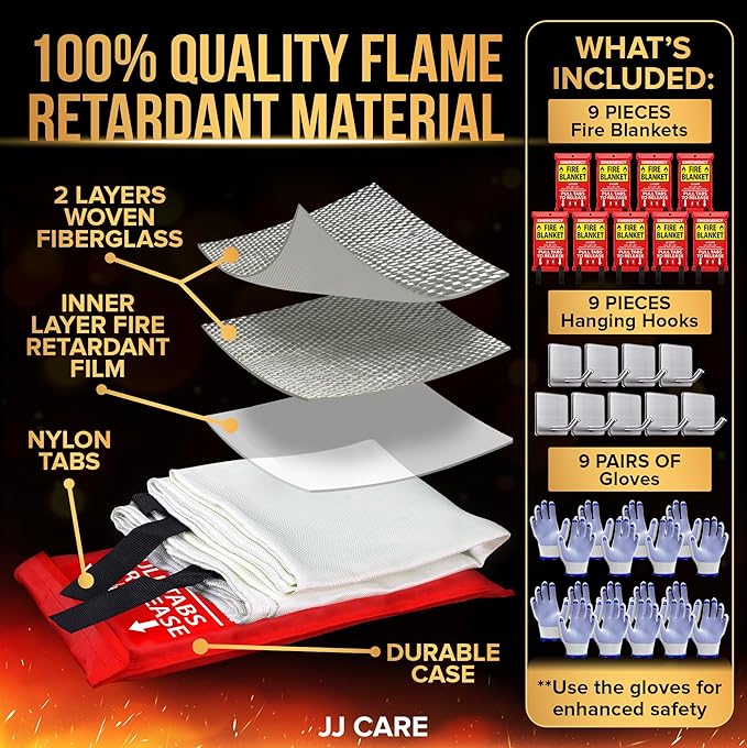 JJ CARE Fire Blanket ??9 Packs with Hooks and Gloves ??40??x 40??Fire Blankets Emergency for Home and Kitchen, High Heat Resistant and Flame Protection for Kitchen, Car, Office, Camping & Home Safety