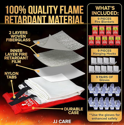 JJ CARE Fire Blanket ??9 Packs with Hooks and Gloves ??40??x 40??Fire Blankets Emergency for Home and Kitchen, High Heat Resistant and Flame Protection for Kitchen, Car, Office, Camping & Home Safety