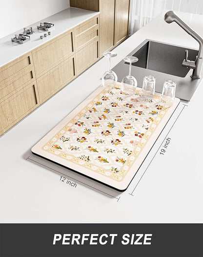Rnivvi Dish Drying Mat for Kitchen Counter, 12 x 19" Cute Flower Theme Super