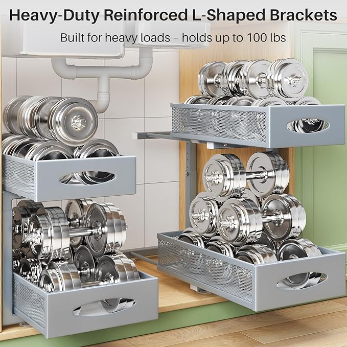 1 Pack Under Sink Organizer, 2 Tier Pull out Cabinet Organizer Mesh Baskets