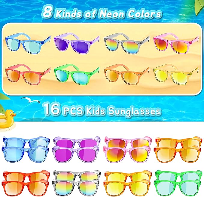 Kids Sunglasses Party Favors - Boys Girls Valentines Day Gifts, Neon Sunglasses with UV 400 Protection for Kids Classroom Favors Birthday Goodie Bags Stuffers - 16 Packs