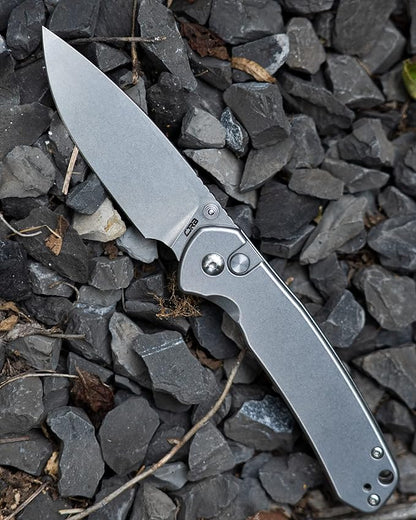 CJRB Folding Knife Pyrite (J1925) AR-RPM9 Balde and Stainless Steel Handle Button Lock EDC Pocket Knife with Clip Silver
