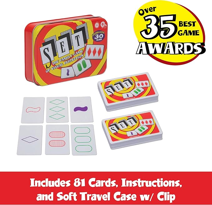SET Card Games for Kids - Collectors Tin, Matching Game, Learning Games, Fun Family Games, Game Night, Travel Games, Memory Game, Learning Game, Multi-Player Card Game of Visual Perception, Ages 6+
