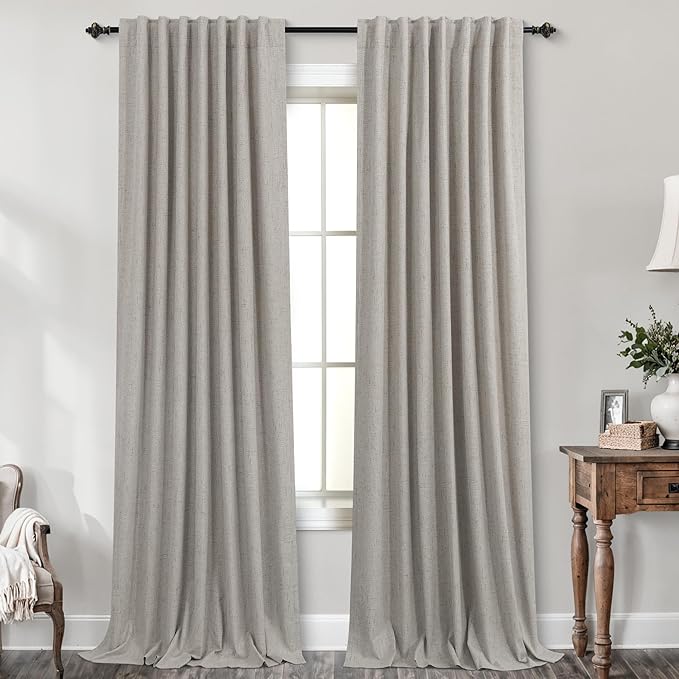 KOUFALL 52x105 Inch Length Taupe Back Tab Linen Blackout Curtains